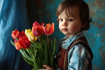 A little blonde boy holding a small bouquet of tulip flowers. closeup image. Fictional Character Created by Generative AI.
