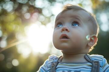 An adorable baby gazing upward with wide, curious blue eyes, close up image. Fictional Character Created by Generative AI. - obrazy, fototapety, plakaty