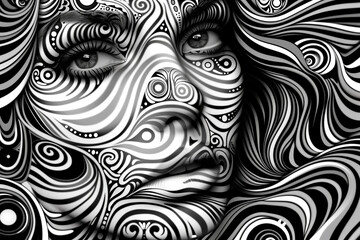 Black and white mammal face with swirls in artistic style