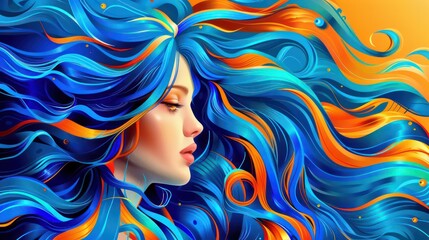 A painting of a beautiful woman with colorful wavy and loose hair with a serenity and elegance colorful concept.