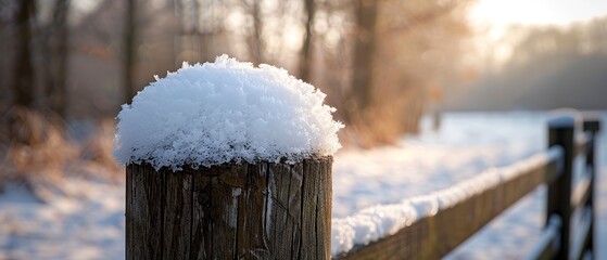 Snow cap on fence post, close up, soft heap, detailed texture, winter sun