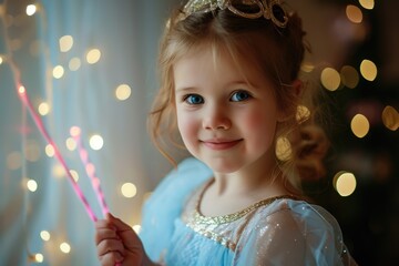 A little girl in a blue dress as a fairy queen, holding a wand and sparkling in the light. Fictional Character Created by Generative AI. - obrazy, fototapety, plakaty