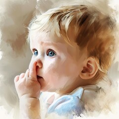 A cute newborn or infant baby grab finger in mouth and gazes wide blue eyed at the camera. Fictional Character Created by Generative AI. - obrazy, fototapety, plakaty