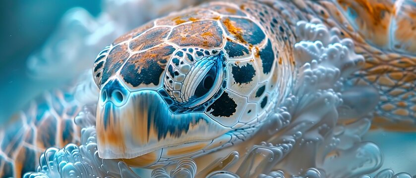 Sea turtle shell, close up, intricate patterns, soft light, clear water