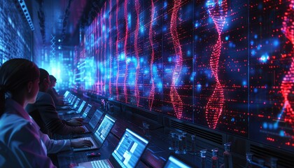 Bioinformatics Analysis, Depict researchers analyzing bioinformatics data on computers, with screens displaying DNA sequences, protein structures, or genomic alignments
