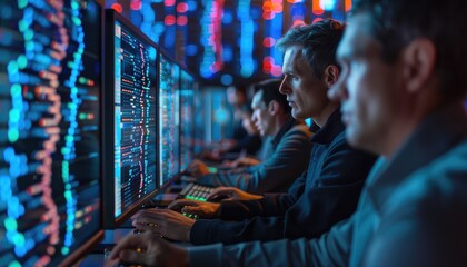 Bioinformatics Analysis, Depict researchers analyzing bioinformatics data on computers, with screens displaying DNA sequences, protein structures, or genomic alignments