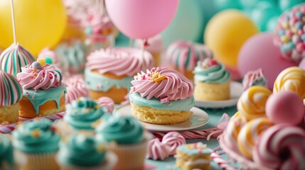 Birthday Celebration Scene with a Beautifully Decorated Cake and Other Desserts Placed on Table Surrounded by Balloons.