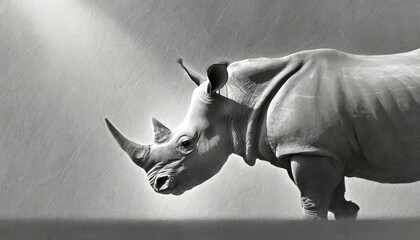 A side profile of a rhino, sketched with clean lines and set against a grey background, focusing on the animal's distinct shape and strength in a subtle manner.