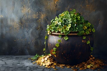 Leprechaun's Treasure: Shamrocks & Gold Coins. Concept St, Patrick's Day celebrations, Irish folklore, Lucky charms, Green and gold decorations
