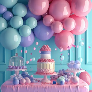 Happy Birthday Celebration Scene with a Beautifully Decorated Cake Stand on Table and Decorative Balloons.
