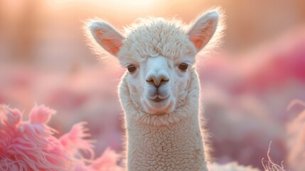 Obraz premium Serene alpaca in a dreamy landscape, soft focus, with a tranquil, pastelcolored background