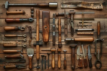 Vintage carpentry tools arranged on aged wood, rustic charm, heritage of woodworking , high quality