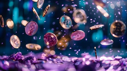 Surreal Performance of Lotto with Falling Amethyst Coins A Concept of Winning Lucky Investment in the Bank Generative ai - obrazy, fototapety, plakaty