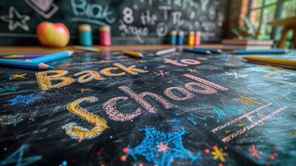 Chalkboard with Hand-Drawn Back to School Essentials. - obrazy, fototapety, plakaty