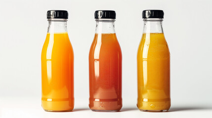 Trio of cold-pressed juice bottles in vibrant orange, dark purple, and ruby red, isolated on a white background. These refreshing beverages in clear glass bottles with black caps showcase the natural 