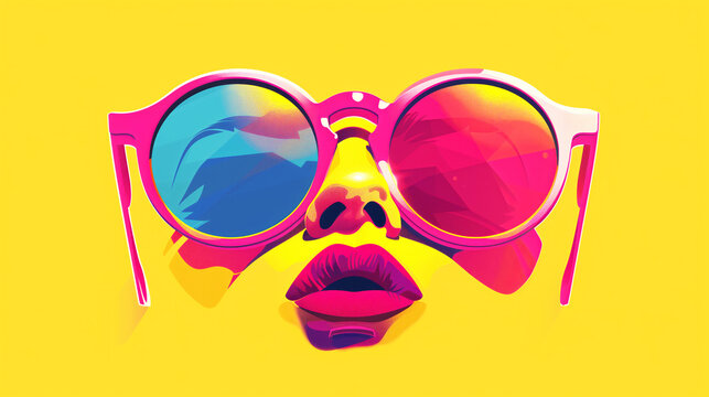A woman's face is shown with a pair of sunglasses on. The sunglasses are pink and blue, and the woman's lips are red. The image has a bright, cheerful mood, and it seems to be a fun, playful design.