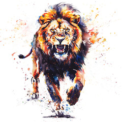 Watercolor painting a wild lion in full roar charging directly towards the camera with a fierce expression. 