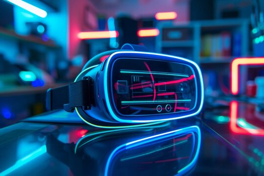 VR headset on tech lab table, neon blue glow, futuristic, closeup , stock photographic style