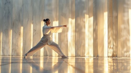  A serene soul practices tai chi, moving gracefully
