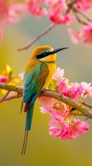 AI-generated bee-eater, blue-tailed bee-eater, perched on a cherry blossom branch. Near the waterfall, there are moss and ferns growing all over.