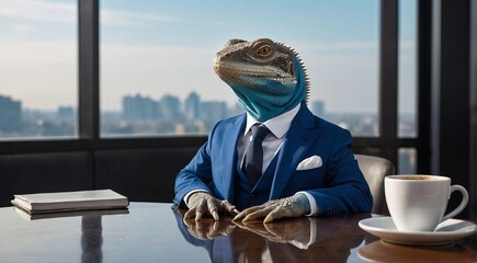 An iguana sits in a cafe in a blue luxurious suit, drinking coffee. Fantasy, creative, cartoon composition. - obrazy, fototapety, plakaty