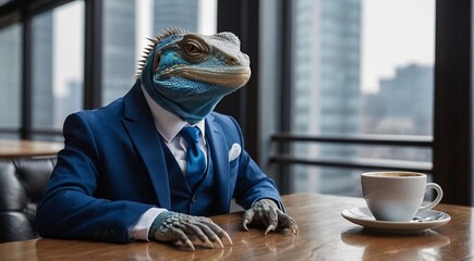 An iguana sits in a cafe in a blue luxurious suit, drinking coffee. Fantasy, creative, cartoon composition.