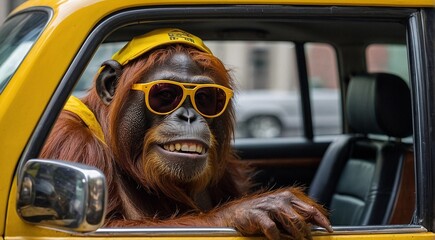 An orangutan sits in a car, in the front seat, wearing glasses. Monkey taxi driver, creative, fantasy, humor, cartoon.