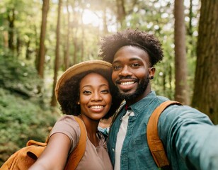 couple man afro woman portrait selfie in the wood forest for african american in love vacation