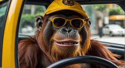 An orangutan sits in a car, in the front seat, wearing glasses. Monkey taxi driver, creative, fantasy, humor, cartoon. - obrazy, fototapety, plakaty