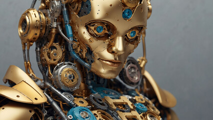 Robotic woman, face detail view. Portrait of robot woman close-up. Robotic woman with real face. A cyber-girl with a white body and a metal glowing mechanism in her neck. 3d illustration concept