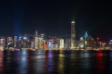A Symphony of Lights , light and sound show across the Victoria Harbour in Tsim Sha Tsui , Hongkong : 26 March 2024