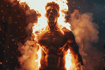 pumped-up male torso engulfed in flames, athlete, athletic abs