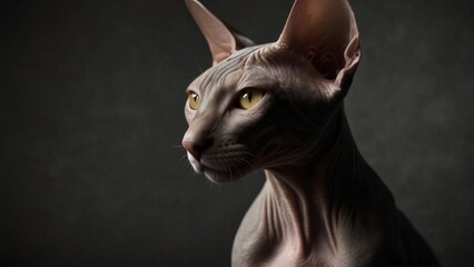 Portrait of a Sphinx cat on a dark background with dramatic light