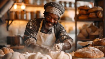 A joyful baker kneads dough, creating culinary delights with love