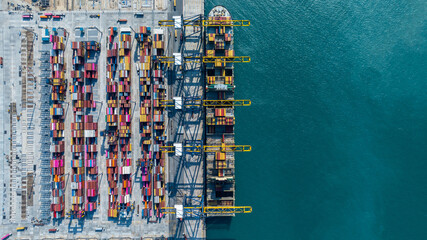 Aerial view cargo container ship, Container cargo vessel ship carrying container for import export freight shipping, Global logistic sea freight shipping logistic cargo vessel. - obrazy, fototapety, plakaty