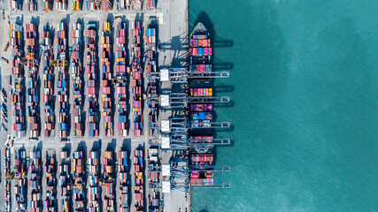 Aerial view cargo container ship, Container cargo vessel ship carrying container for import export...