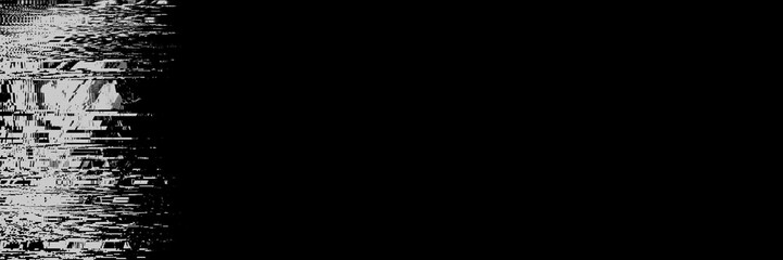 Abstract Black White Glitch banner background. Grunge noise border overlay effect. Video Damage Error. Digital signal distortion visualization. Random white lines, copy space. Cyber Monday design - 782855902