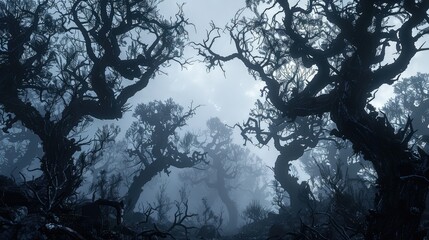 A chilling view of a dark, foggy forest with the silhouettes of gnarled, leafless trees against a white, overcast sky.  - obrazy, fototapety, plakaty