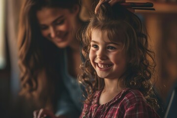 Fototapeta premium A little girl smiling for the camera with a woman brushing her hair Fictional Character Created by Generative AI.