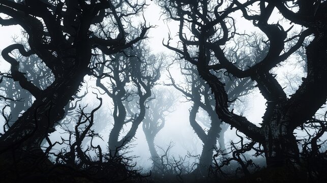 A chilling view of a dark, foggy forest with the silhouettes of gnarled, leafless trees against a white, overcast sky.  - Powered by Adobe