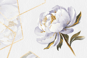 Watercolor peonies with golden Elements. A luxurious postcard with a fashionable design. Geometric designs in gold. White cream peony. Wedding frame.