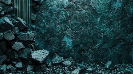 A dark teal rocky background with a cascade of small rocks resembling a waterfall. The texture is dynamic and flowing, with a serene space on one side for design integration. 