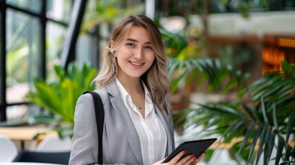 With tablet in hand, a confident sales manager energizes the office space, radiating enthusiasm and readiness to forge lasting client connections.
