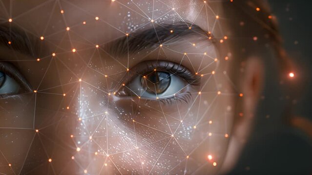 Detailed facial biometrics: Innovative recognition mesh, animation of futuristic face