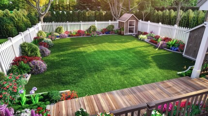 A cozy backyard with a wooden deck and lush green lawn, surrounded by a white picket fence. Flower beds with colorful blooms line the edges, and a small garden shed sits in one corner. - obrazy, fototapety, plakaty