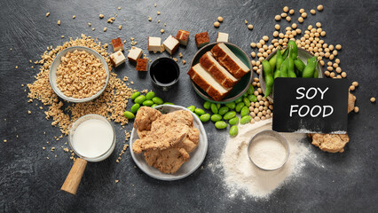 Soy products  on black background. Vegan healthy food