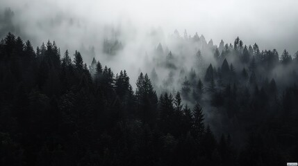 A dense forest enveloped in fog, with the dark silhouettes of trees creating a stark contrast against the white sky.  - obrazy, fototapety, plakaty