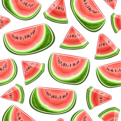 Vector Watermelon Seamless Pattern, repeat background with chopped ripe watermelons for bed linen, decorative square poster with flying flat lay juicy watermelon raw fruits on white for home interior