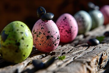 Obraz premium Colorful Easter Eggs Arranged on a Wooden Table