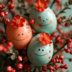 Obraz premium Eggs with faces - decorated with red flowers - happy and grinning